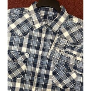 Cuadra Long Sleeve Western Distressed Blue Plaid Pearl Snap Flannel‎ Men's Large